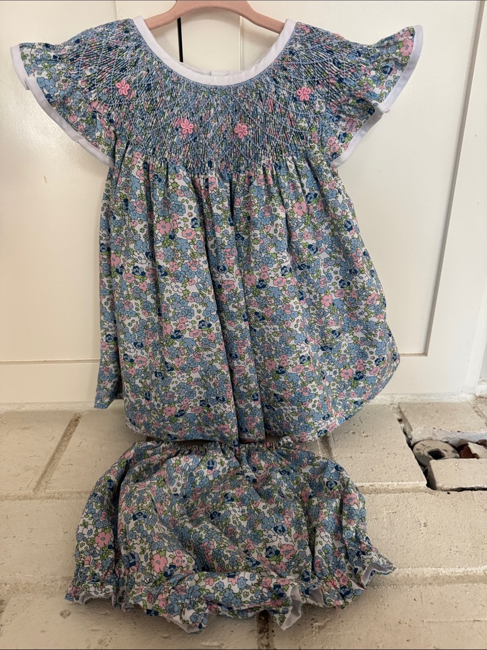 Smocked Floral Cotton Dress with Matching Bloomers - Blue & Pink
